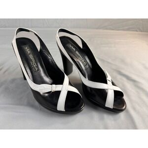 Via Spiga Women Slingback Heels Size 6.5 Black White Leather Peep Toe Italy Chic